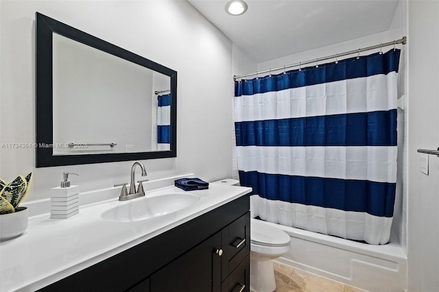 full bathroom featuring tile patterned floors, vanity, toilet, and shower / tub combo with curtain