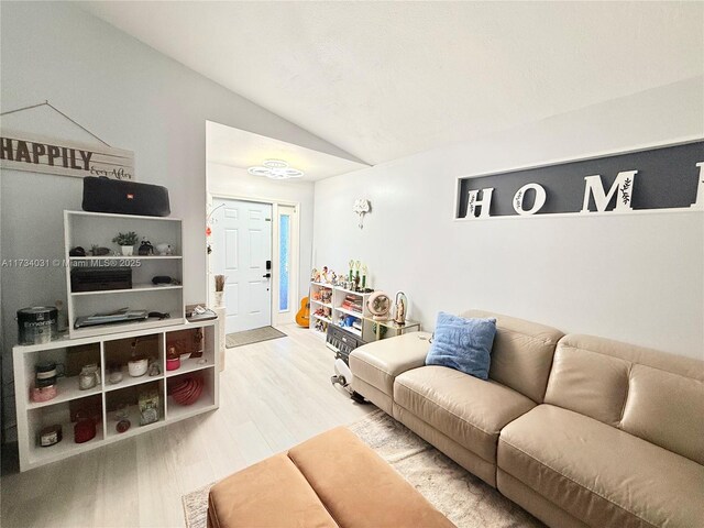 living room with vaulted ceiling and wood-type flooring