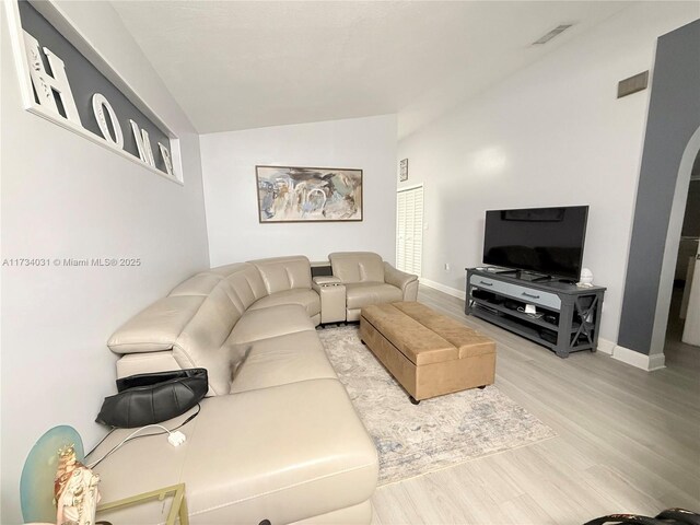 living room with wood-type flooring and vaulted ceiling