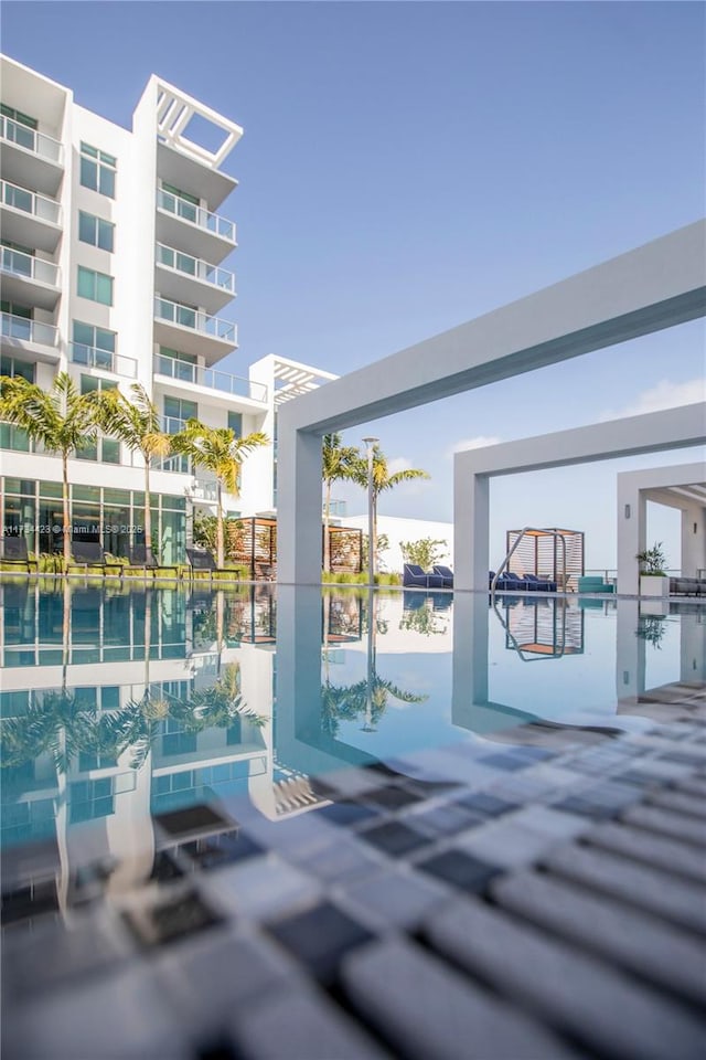 view of swimming pool featuring a water view