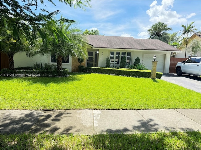 single story home with aphalt driveway, an attached garage, a front yard, and stucco siding