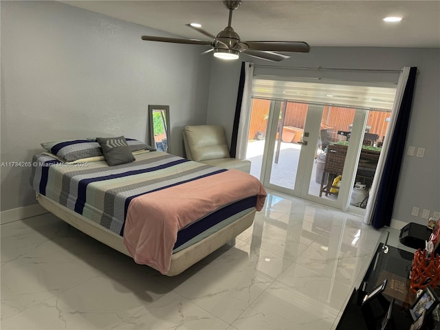 bedroom featuring ceiling fan, baseboards, recessed lighting, marble finish floor, and access to outside