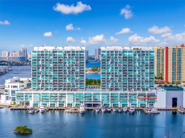 view of building exterior featuring a water view