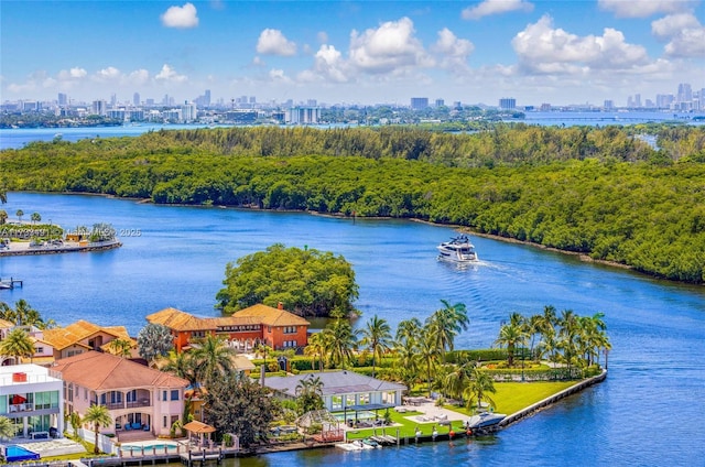 aerial view featuring a water view