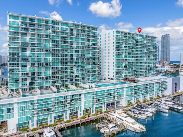 view of building exterior featuring a water view