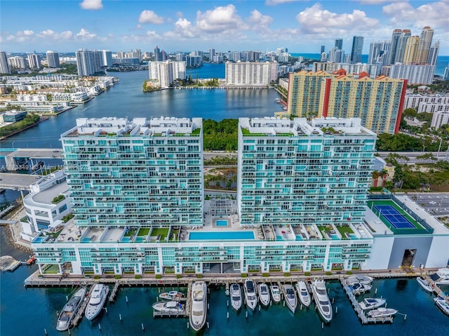 aerial view featuring a water view