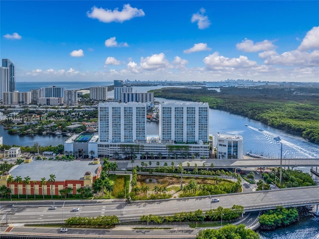 aerial view featuring a water view