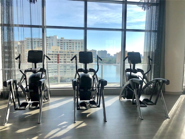 workout area featuring a water view