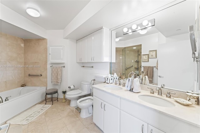 full bathroom featuring toilet, shower with separate bathtub, a bidet, vanity, and tile patterned flooring