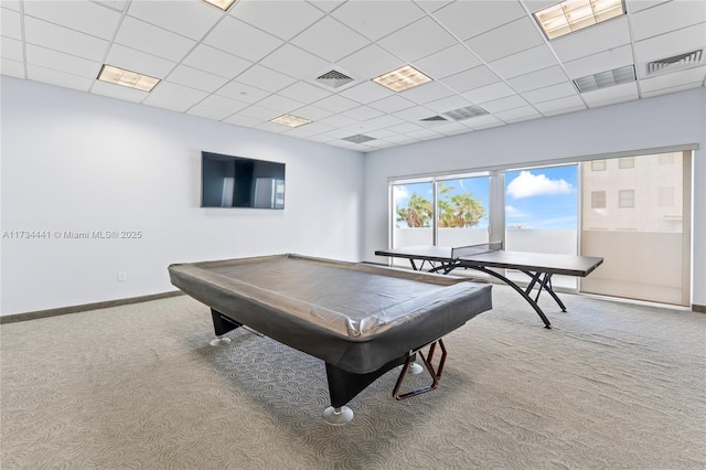 playroom with a paneled ceiling, carpet floors, and billiards