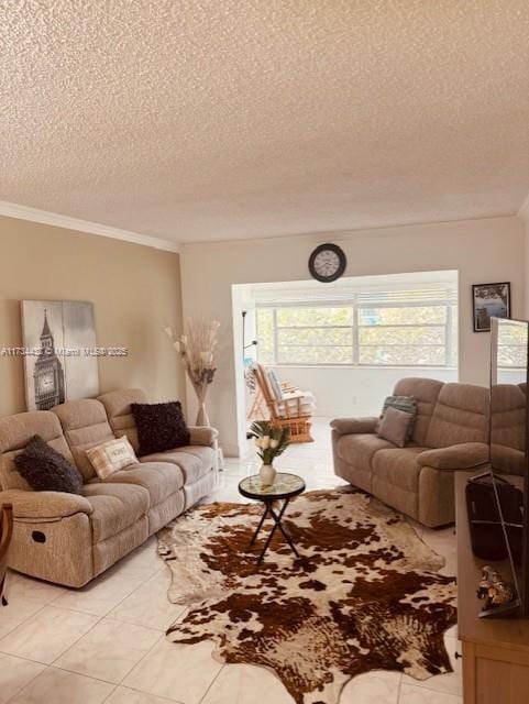 living room with a textured ceiling, light tile patterned floors, and crown molding