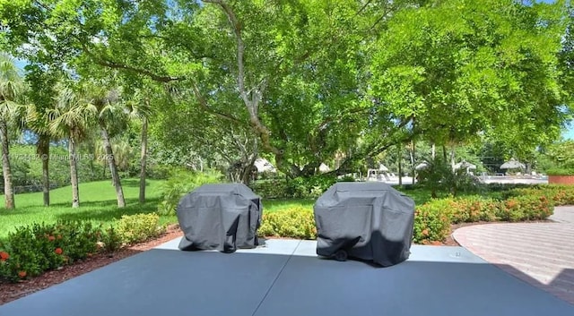 view of patio featuring a grill