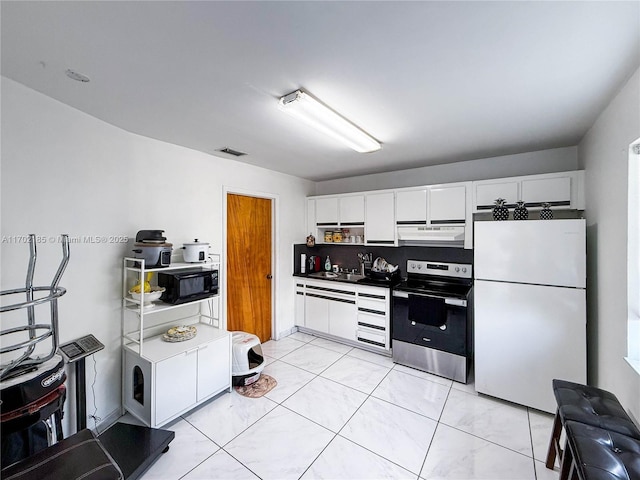 kitchen with white cabinetry, sink, stainless steel range with electric cooktop, backsplash, and white fridge