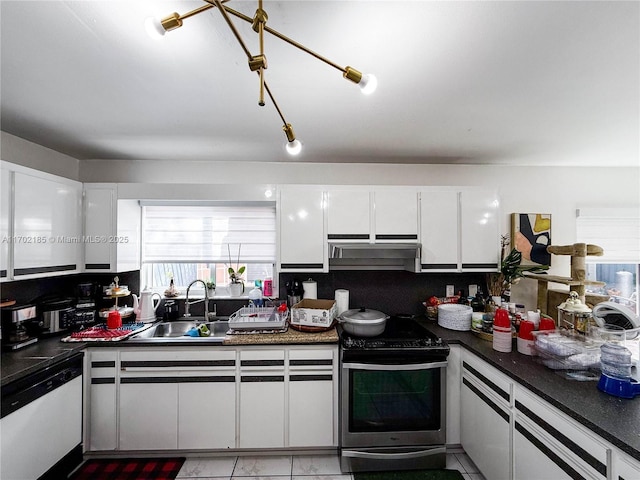 kitchen with sink, white dishwasher, white cabinets, light tile patterned flooring, and stainless steel electric stove