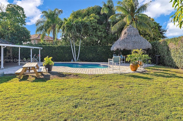 view of swimming pool featuring a gazebo, a yard, and a patio area