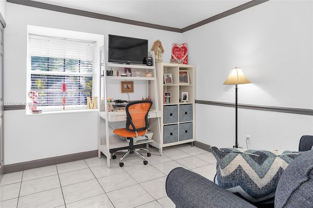 office space featuring light tile patterned floors and ornamental molding