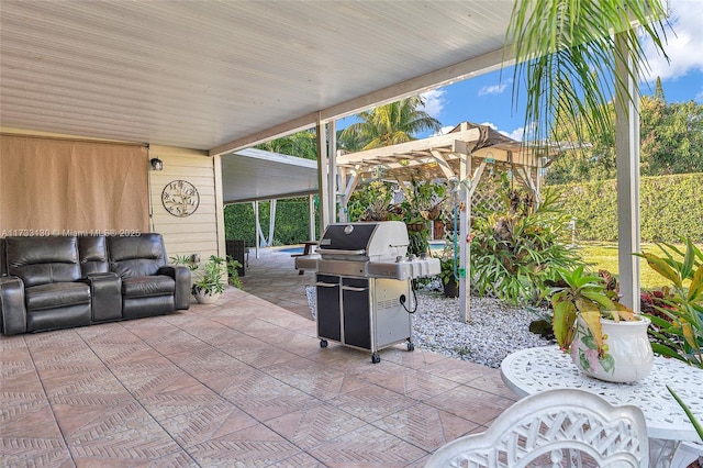 view of patio featuring a pergola, grilling area, and outdoor lounge area