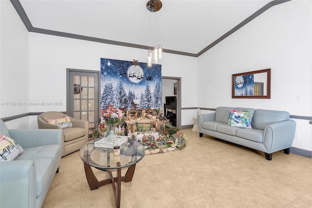 tiled living room featuring crown molding