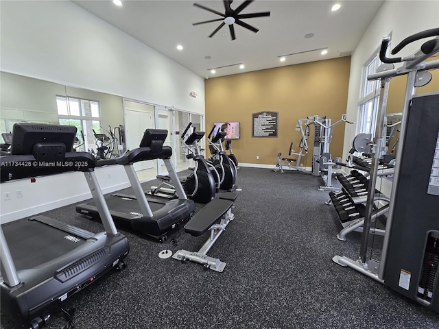 workout area featuring ceiling fan