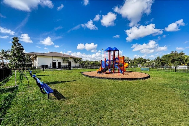 view of play area featuring a lawn