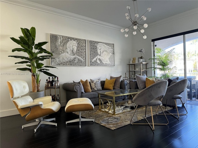 sitting room featuring an inviting chandelier, baseboards, dark wood-style flooring, and crown molding