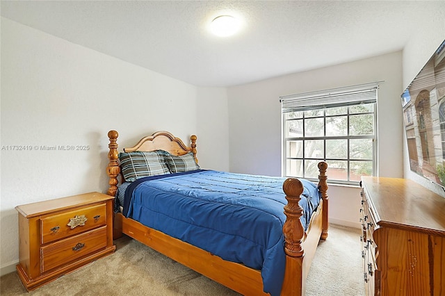 bedroom with light carpet