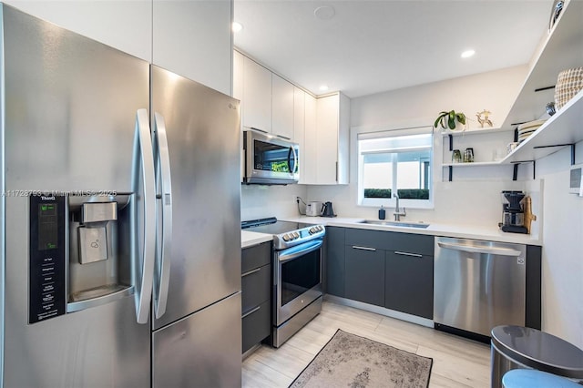 kitchen with sink, light hardwood / wood-style flooring, stainless steel appliances, and white cabinets