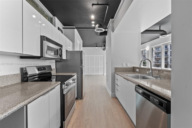 kitchen featuring appliances with stainless steel finishes, sink, light hardwood / wood-style flooring, and white cabinets