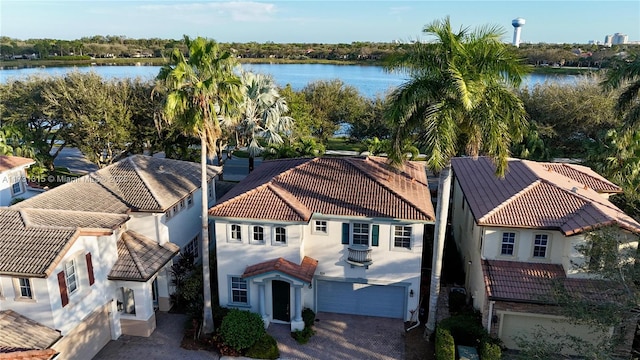 exterior space with a water view