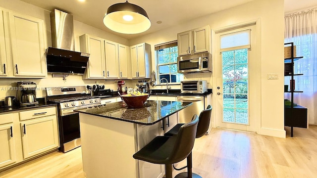 kitchen with wall chimney exhaust hood, appliances with stainless steel finishes, light wood-type flooring, and a sink