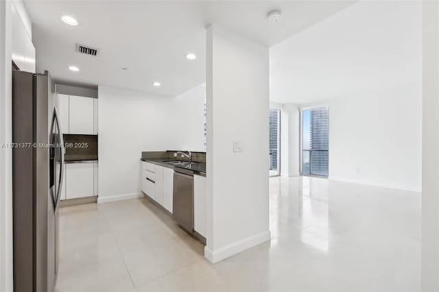 kitchen featuring a sink, dark countertops, white cabinetry, visible vents, and appliances with stainless steel finishes