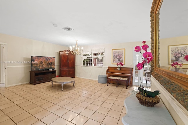 interior space with light tile patterned floors and a notable chandelier