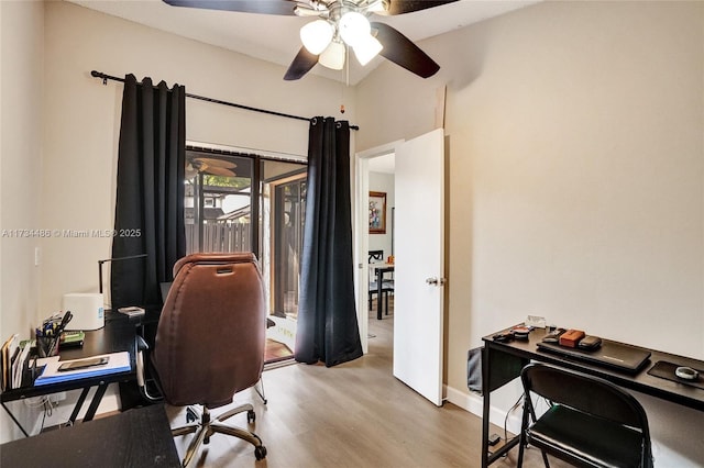 office area featuring ceiling fan and light hardwood / wood-style flooring