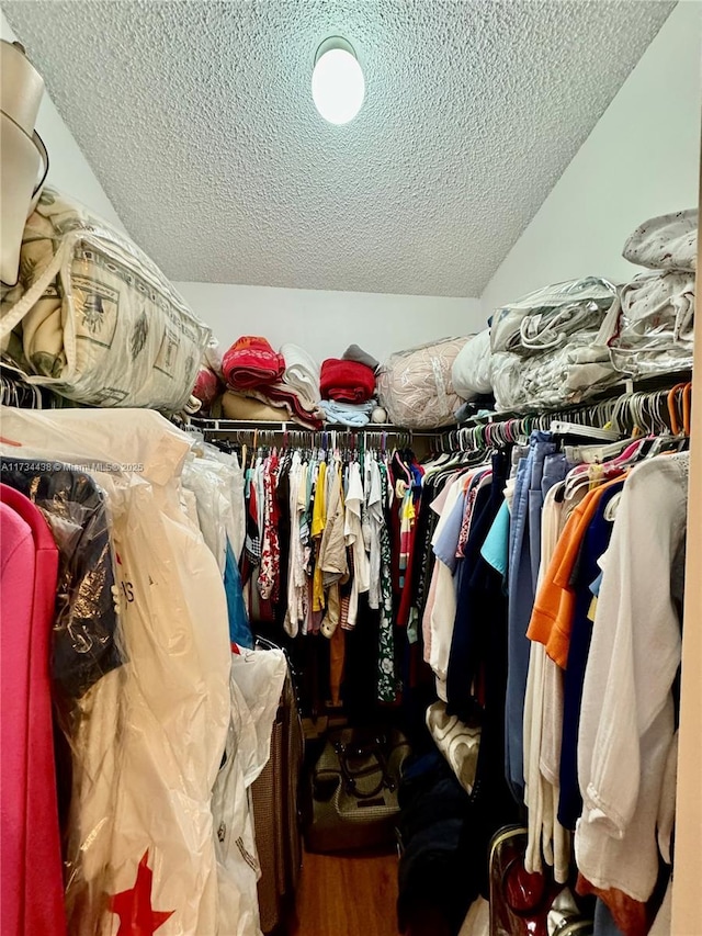 spacious closet with lofted ceiling and hardwood / wood-style flooring