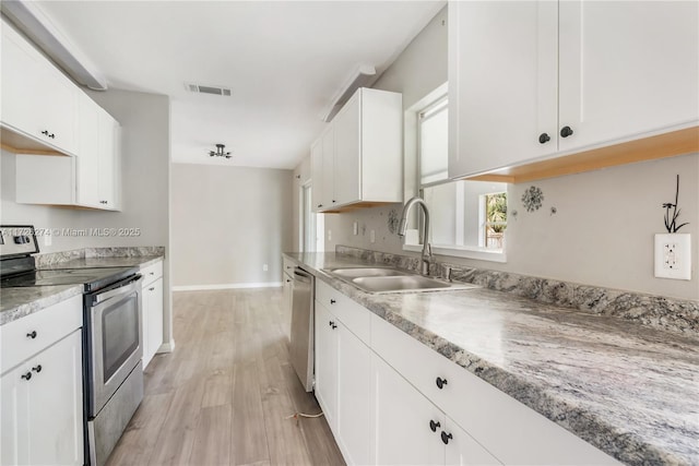 kitchen featuring white cabinetry, visible vents, stainless steel appliances, and a sink