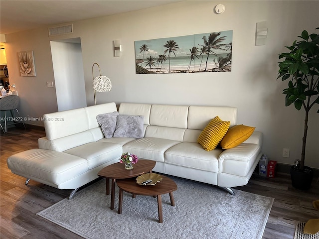 living room featuring dark wood-type flooring