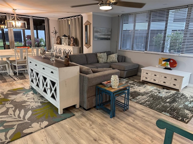 living area featuring ceiling fan with notable chandelier, crown molding, baseboards, and light wood finished floors
