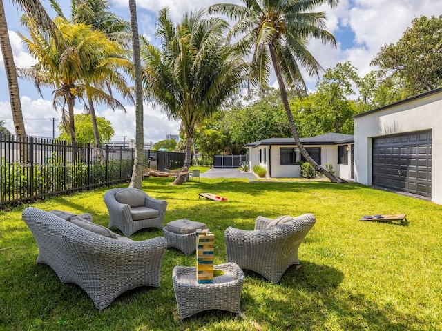 view of yard featuring a garage