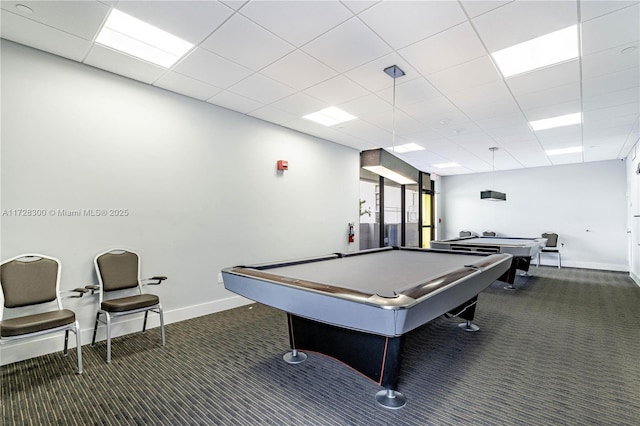 game room featuring pool table and dark colored carpet