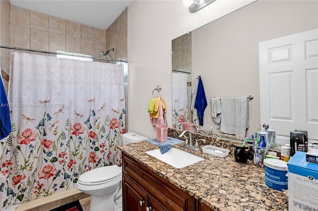 full bathroom featuring toilet, vanity, and a shower with shower curtain