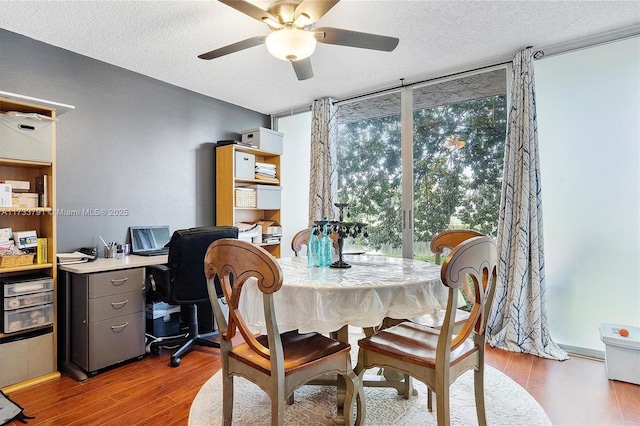 dining room featuring a textured ceiling, light hardwood / wood-style flooring, expansive windows, and ceiling fan