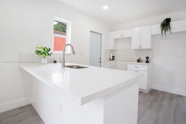 kitchen featuring light hardwood / wood-style floors, kitchen peninsula, sink, and white cabinets