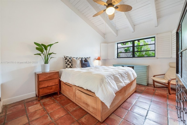 bedroom with lofted ceiling with beams, wood ceiling, and ceiling fan