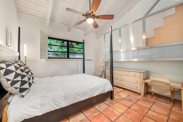 tiled bedroom with wood ceiling, ceiling fan, and lofted ceiling with beams