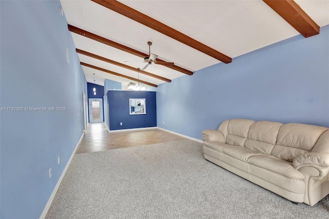 unfurnished living room featuring vaulted ceiling with beams, ceiling fan, and light tile patterned flooring