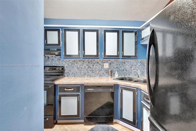 kitchen featuring sink, backsplash, extractor fan, black appliances, and light tile patterned flooring