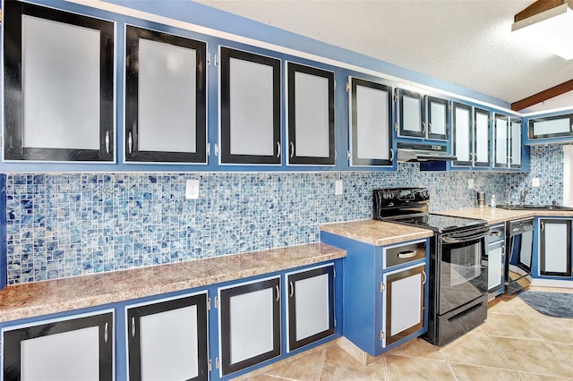 kitchen featuring sink, black appliances, a textured ceiling, light tile patterned floors, and backsplash