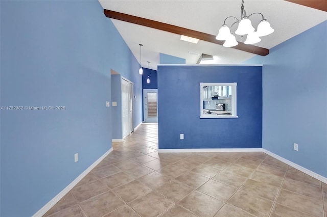 tiled empty room featuring beamed ceiling, high vaulted ceiling, and an inviting chandelier