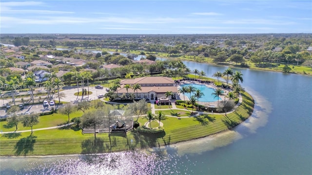 birds eye view of property featuring a water view