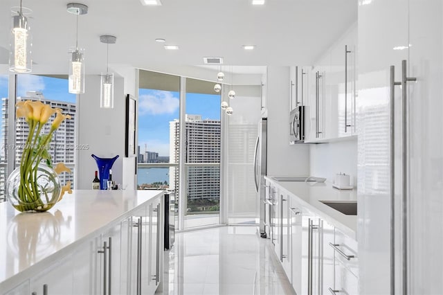 kitchen featuring white cabinetry, hanging light fixtures, a wall of windows, and stainless steel appliances